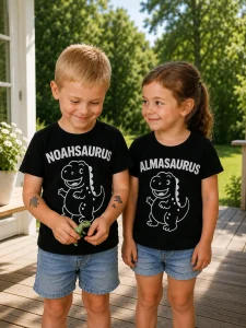 Svarta dinosaurietröjor där namnet kan anpassas för att skapa ett eget unikt dino-namn.