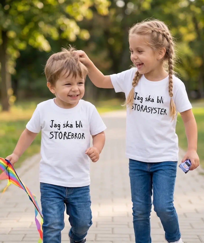 Syskon med t-shirts på promenad